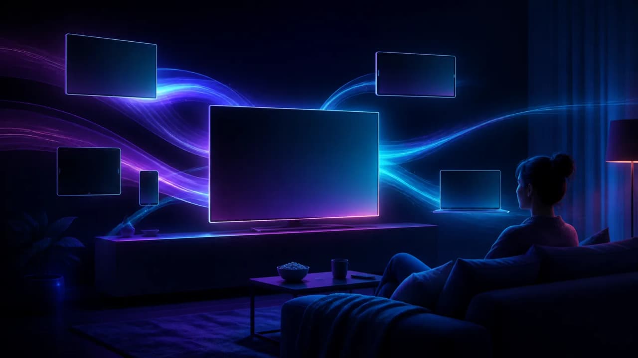 Abstracte streamingkalender met film- en seriekaarten voor augustus 2026