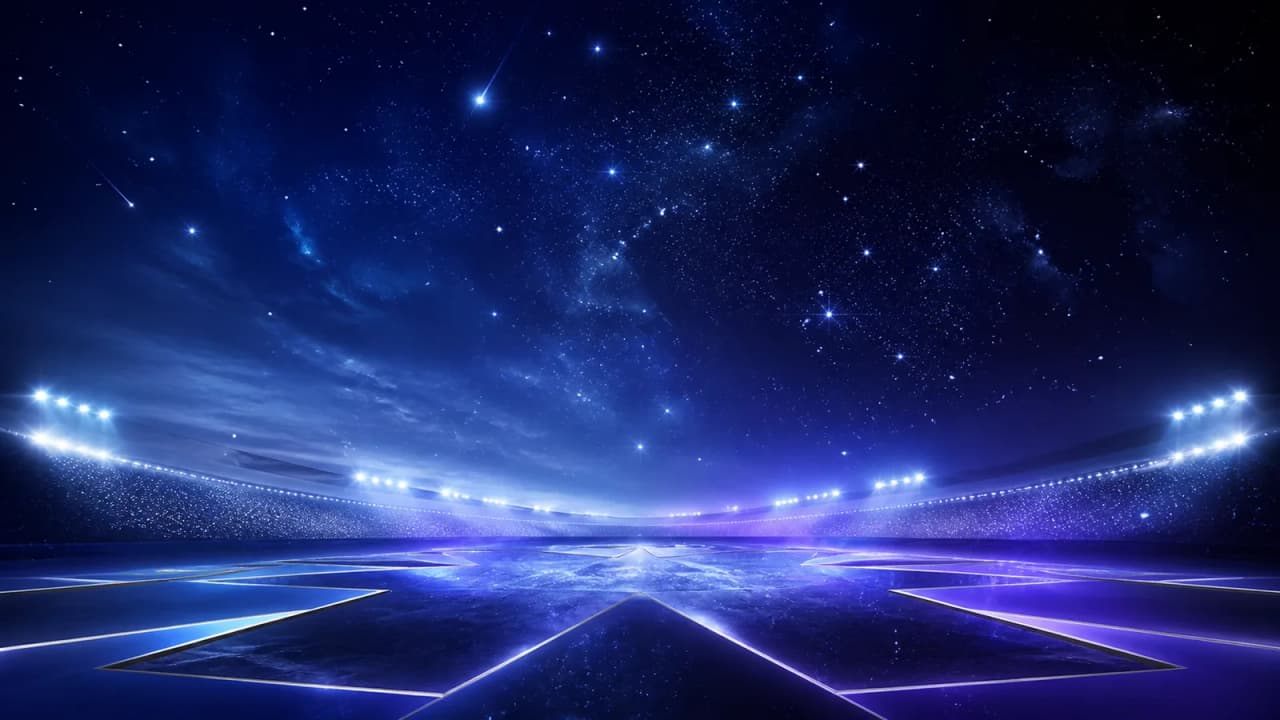 Abstract stadionlicht voor Champions League kwalificatie in augustus 2026