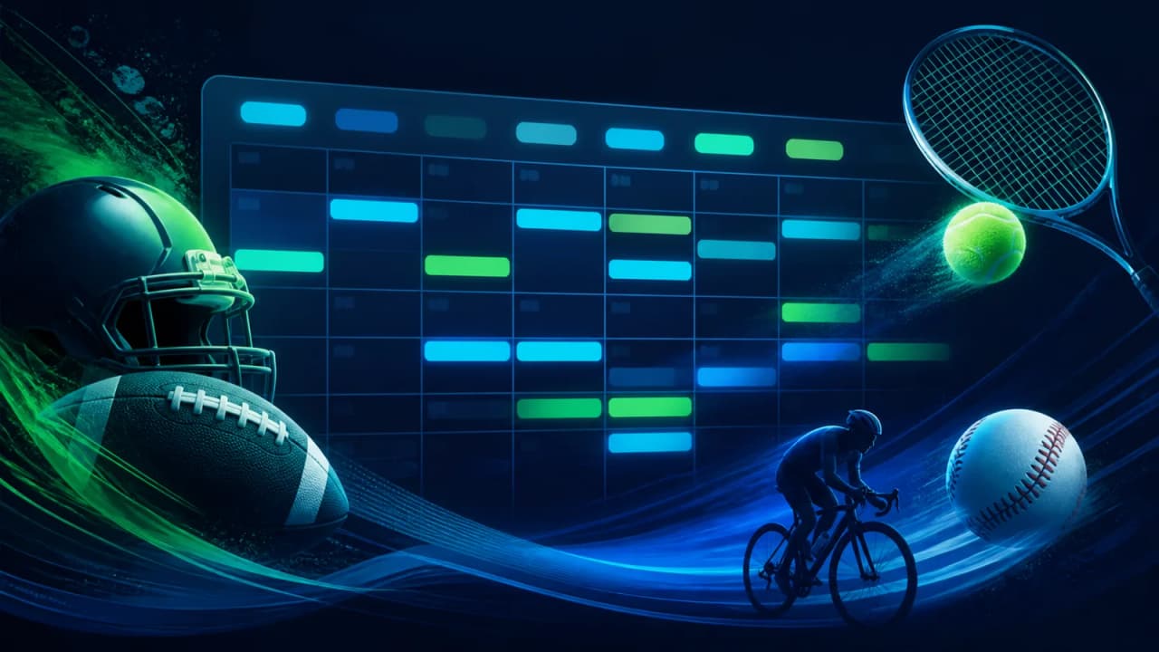 Abstracte sportkalender voor voetbal, tennis, baseball en wielrennen in augustus 2026